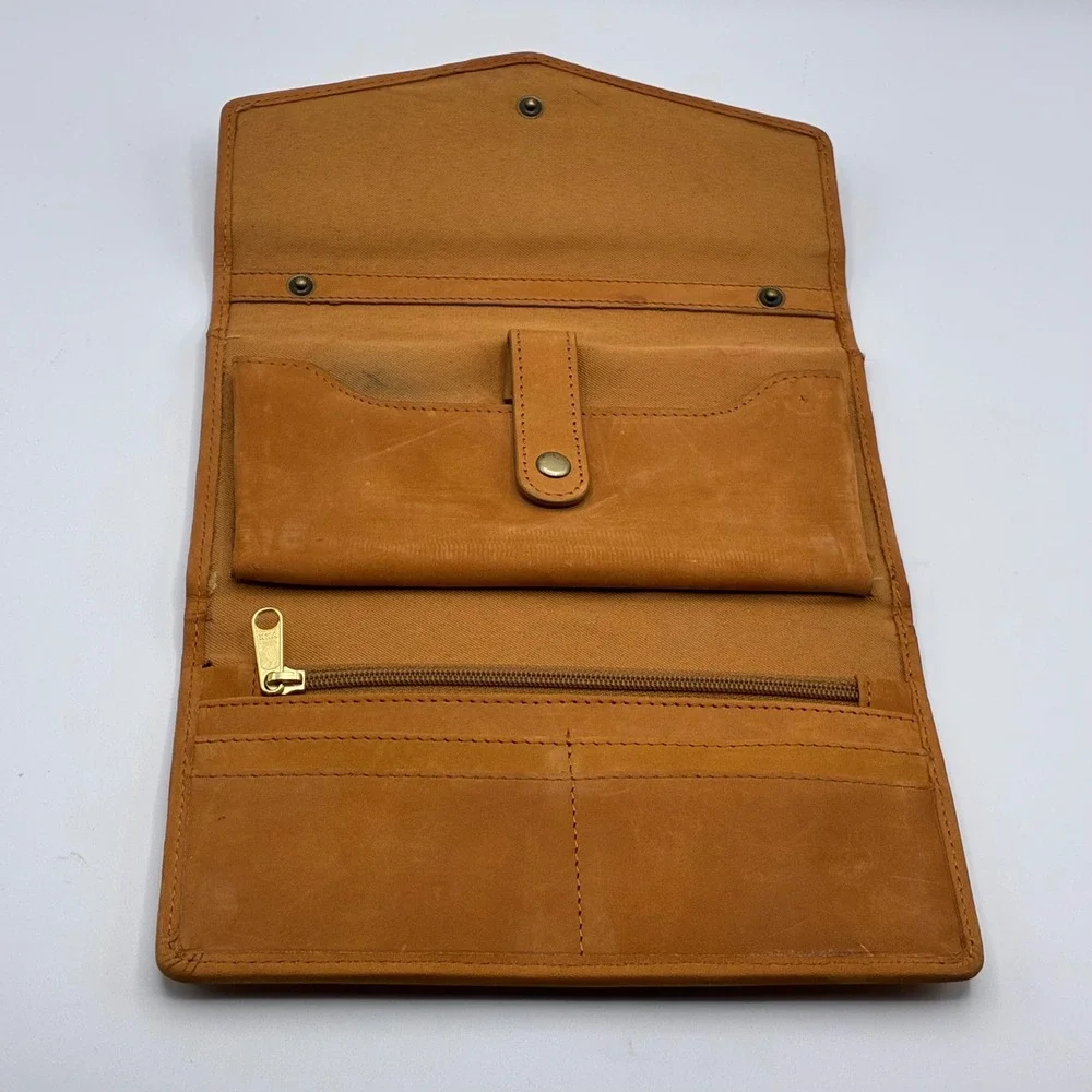 Timberland Wallet Brown Genuine Leather Tri-Fold Snap Closure Logo Accessory